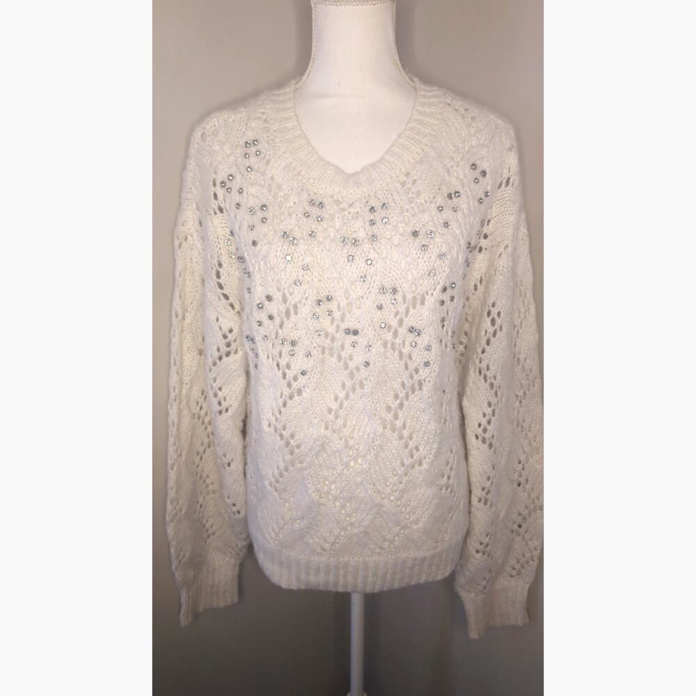 Embellished Knit Sweater Medium White Cozy Rhinestone Detail